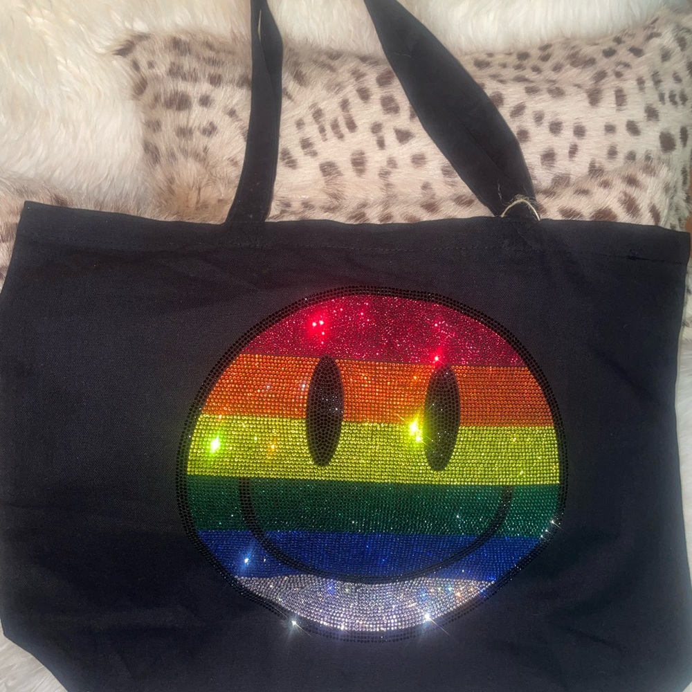 Black Tote Bag with Rainbow Smiley Face